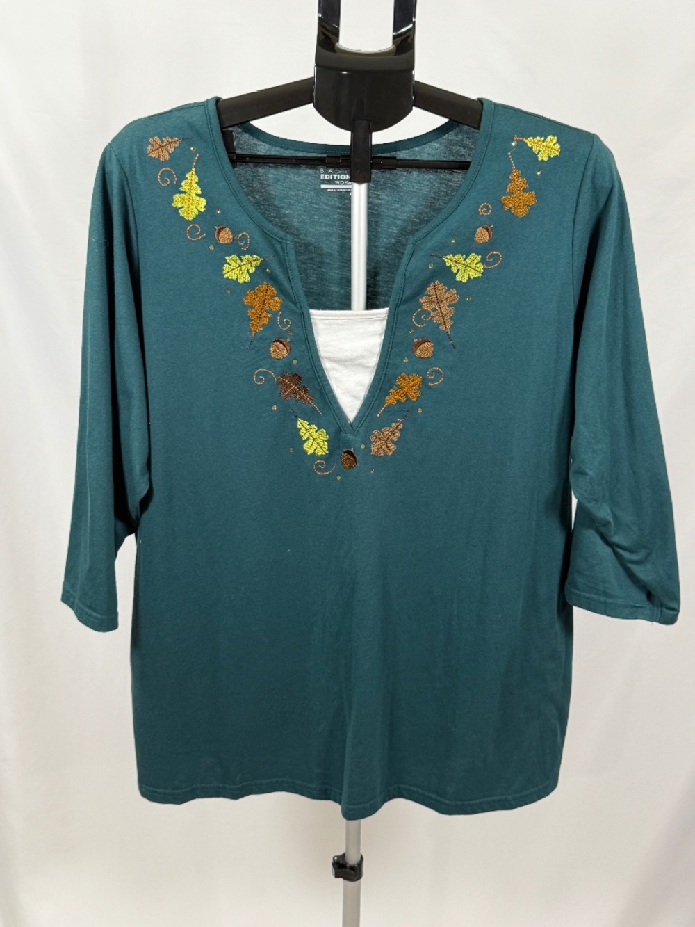 1X Teal Embroidered Oak Leaf Acorn Top Grandmacore Fall Cottagecore